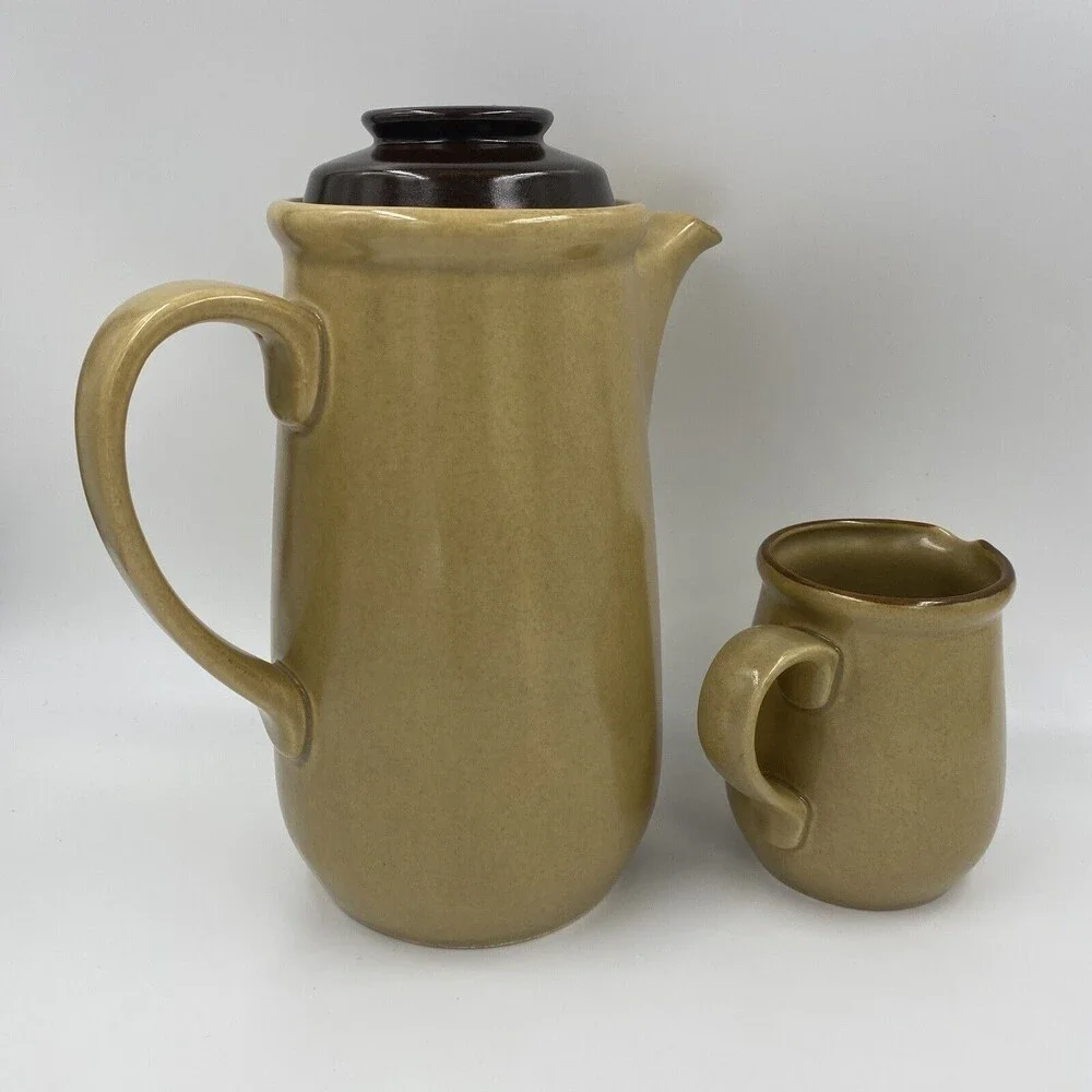 Vintage Hearthside Stoneware Coffee Tea Pot with Lid and Creamer Japan Handpaint